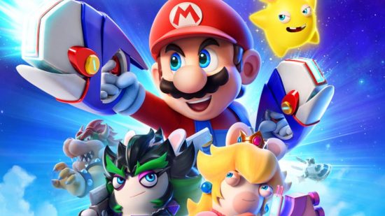 Mario + Rabbids Sparks of Hope art with Mario aiming his pistols in a very Starlord manner
