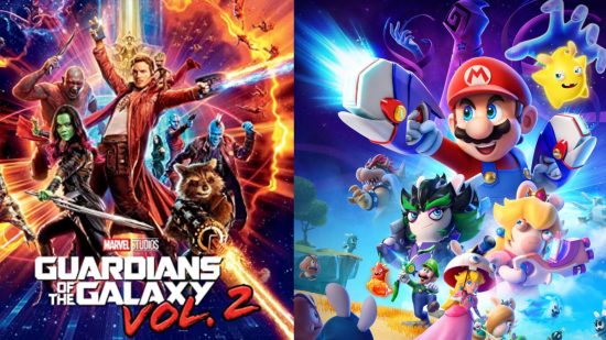 comparison image of Mario + Rabbids Sparks of Hope cover art and Guardians of the Galaxy 2 movie poster to show similarities 