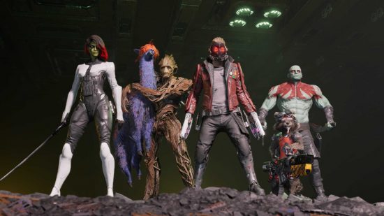 Screenshot of the heroes from Guardians of the Galaxy, one of the adventure Marvel games on Switch