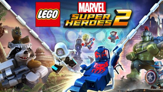 Key art for Lego Marvel Super Heroes with Spiderman swinging in 