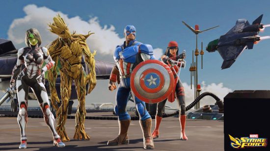 Key art for a team of supes in MArvel Strike Force including Groot and Captain America