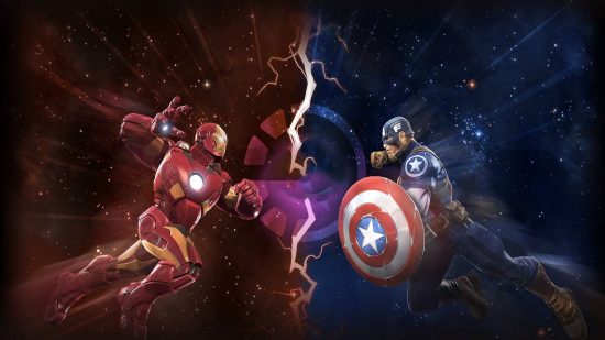 Key art for MCOC, one of the online Marvel games, with Iron Man battling Captain America