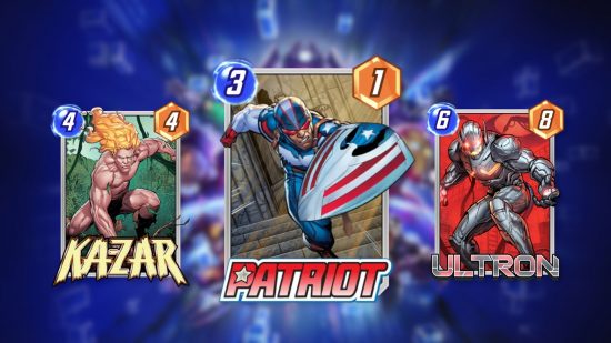 Screenshot of Patriot and drones Marvel Snap deck with pictures of Patriot, Ka-zar, and Ulton