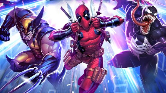 Skærmbillede af Deadpool, Venom og Wolverine på vej i kamp om Marvel Snap Decks Guide