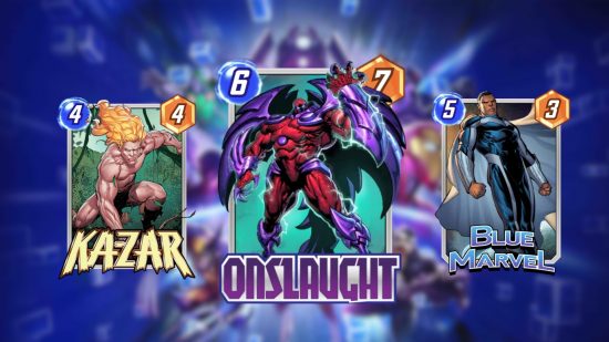 Custom image of Onslaught, Ka-zar, and Blue Marvel cards for Marvel Snap decks guide