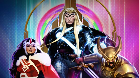 Three drawings of superheroes from Marvel Snap stood in front of a multicoloured background. On the left is a man with a sword and gold horned armour, on the right a woman with long black hair and a red gown with white fluffy shoulder pads on. In the middle is a long-haired blonde man with a large with a grand black outfit on.
