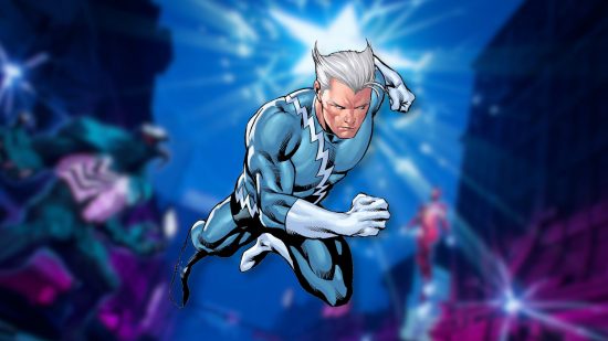 Custom image of Marvel Snap's Quicksilver with the hero himself over a Marvel Snap background