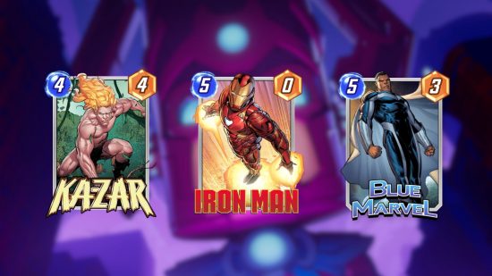 Custom art of Marvel Snap tier list cards for pool one, including Iron Man, Blue Marvel, and Ka-zar 