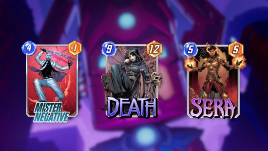 Custom art of Marvel Snap tier list cards for pool three including Death, Mister Negative, and Sera