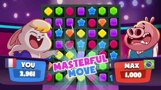 Cartoon illustration of Match Masters game between two characters for Match Masters free guide