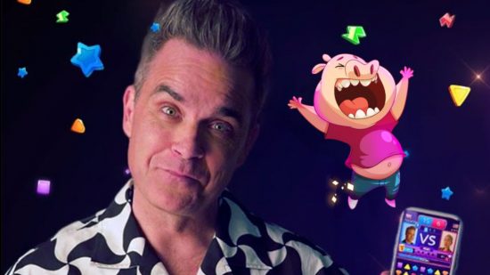 Screenshot of promo artwork for Match Masters with the legend Robbie Williams himself and a cartoon pig for Match Masters free guide