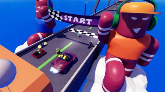 Max Speed codes: a screenshot for the Roblox game Max Speed shows cars travelling quickly on a racetrack