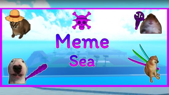 Meme Sea codes - the game's name with the One Piece logo and a bunch of memes around it