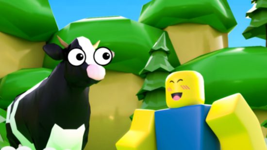 Milk Tycoon codes - a wide eyed cow and a smiling avatar with trees in the background