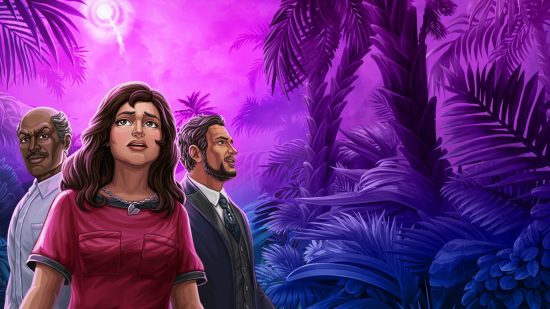 Murder by Choice release date key art that shows three people on a tropical island