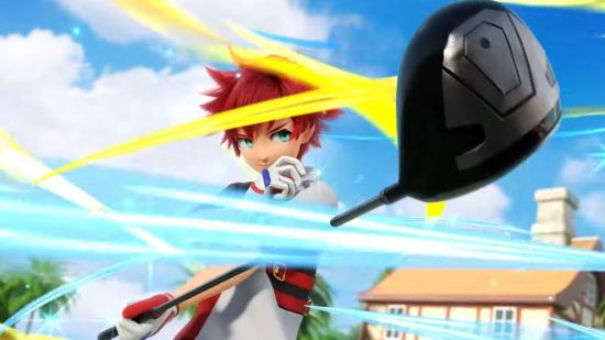 Screenshot form Neko Golf Anime Golf release date trailer with a very anime type character using a driver club