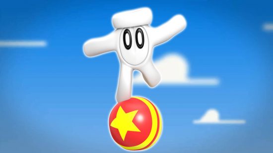 Nintendo-Switch-Glover-release-date: the protagonist Glover balances on a ball against a plain background of a blue sky with a few clouds