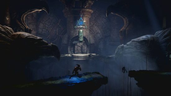 Oddworld: Soulstorm review: Abe explores a dark cavern 