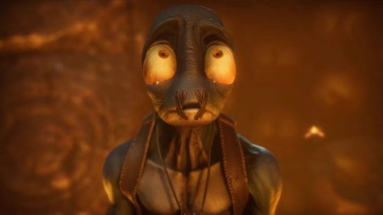 Oddworld: Soulstorm review: a cutscene shows Abe looking straight forward and up