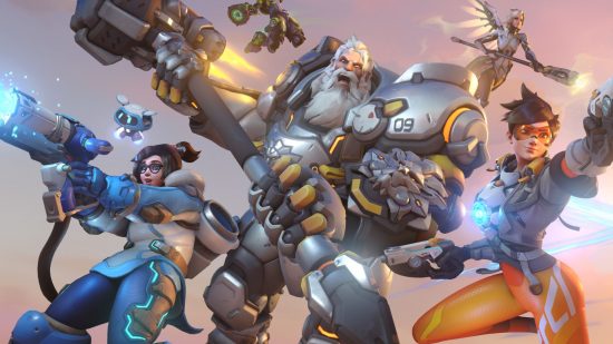 Various Overwatch 2 characters in some art for the game. On the right is Tracer, a woman in tight orange trousers, wielding two guns. In the middle is a giant man with a large hammer and massive silver armour. On the left is a smaller woman with an ice gun.