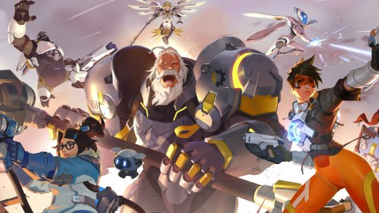 Various Overwatch 2 characters in some art for the game. On the left is Tracer, a woman in tight orange trousers, wielding two guns. In the middle is a giant man with a large hammer and massive silver armour. On the right is a smaller woman with an ice gun.
