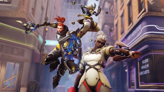 Overwatch 2 codes header image showing various characters in art for the game. One has silver hair and a white outfit, the others in the air behind them are a man with orange hair and a shield and a masked character with orbs floating around them.