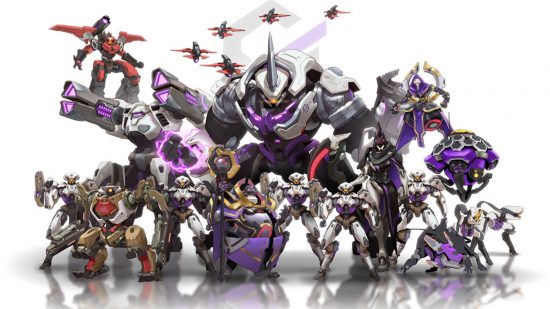 Overwatch 2 collectibles art showing various mechanical robots too on a white background looking menacing.