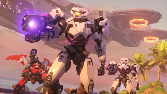 Various robots, white and red coloured, in a futuristic setting, one aiming towards the ground with its gun arm, in one of many Overwatch 2 game modes.