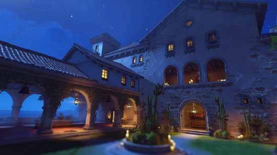 An Overwatch 2 map showing a scene showing a nighttime villa with a nice garden and arched windows.