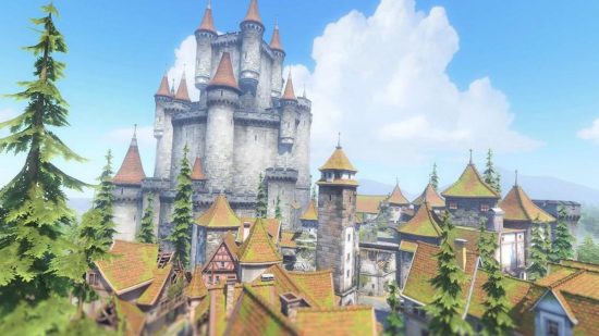 An Overwatch 2 map showing a scene showing a large castle with pointy towers and smaller old-fashioned buildings below.