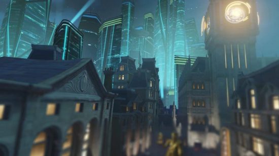 An Overwatch 2 map showing a scene showing night-time city with a large futuristic skyline and Big Ben with a holographic clock.