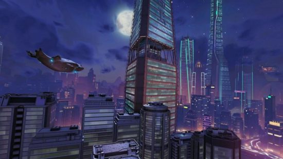 An Overwatch 2 map showing a scene a tall Cyberpunk-y tower in a nighttime city skyline with an airship flying past.