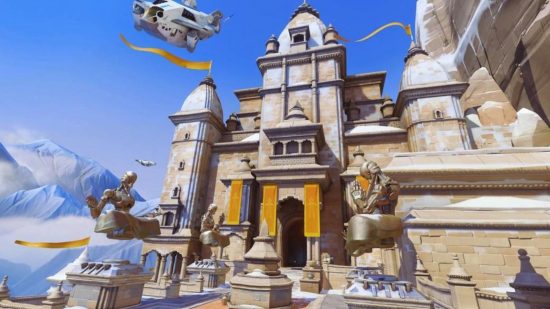 An Overwatch 2 map showing a scene showing a grand white and yellow temple high in the sky of the Himalayas.