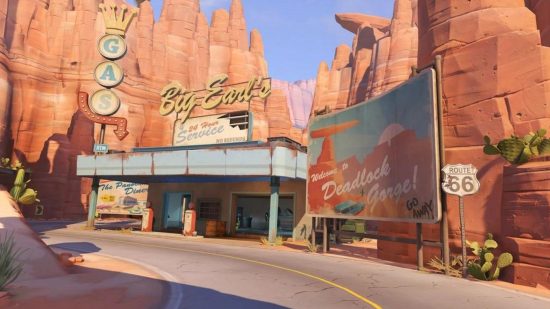 An Overwatch 2 map showing a scene showing a remote American diner called Big Ear'l, next to a large billboard.