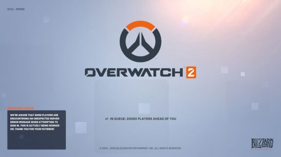 A picture of the Overwatch 2 queue on the Home Screen, with the logo and name of the game above a counter saying"30,000 people in the queue".