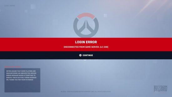 A screenshot of the Overwatch 2 queue showing a login error, with the overwatch 2 logo above the server issue notification.