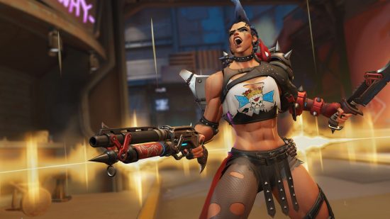 A picture of Junker Queen, a character from Overwatch, screaming (to represent anger at the Overwatch 2 queues). She is a muscular woman in ragged clothing like a Mad Max character, she has a blue Mohawk, a shotgun-type weapon with DIY attachments, and spiky shoulder pads.