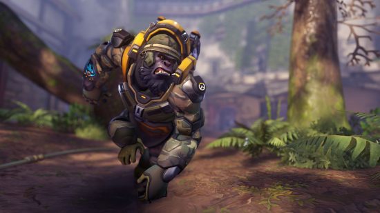 Winston, a grumpy looking gorilla in large tactical military gear, perhaps sharing his disgruntlement at the Overwatch 2 servers, running through a jungle.