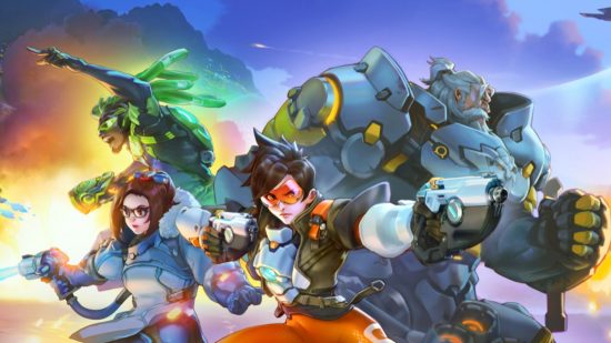 Art for an article covering Overwatch 2 servers showing Tracer and some other characters, like a large man in big futuristic armour, and a woman with brown hair in a blue outfit.