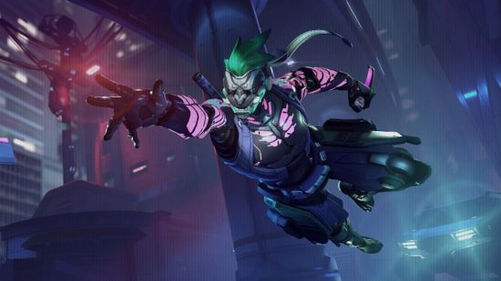 Screenshot of Genji in one of the new mythical Overwatch 2 skins with a cyber demon style 