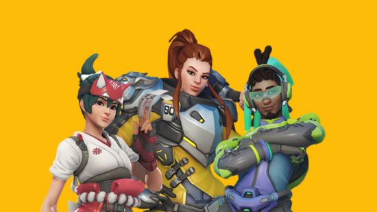 Overwatch 2 tier list header showing three characters on a mango-yellow background. On the right, Kirkio, a woman with short hair, white and red top and red hat with ears on it. In the middle, a woman with a ponytail of reddish brown hair, and big silver and yellow armour. On the left, another character with a futuristic green outfit and sunglasses with arms folded.