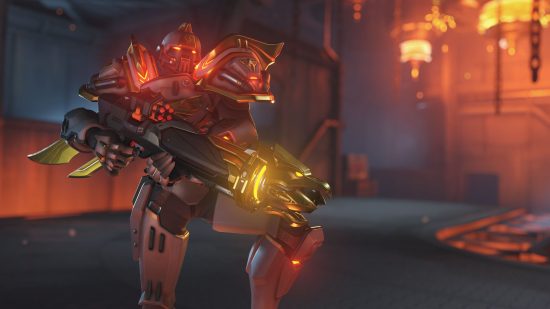 A character from Overwatch 2, weapon-wielding in a darkly lit room, wearing a futuristic sort of armour.