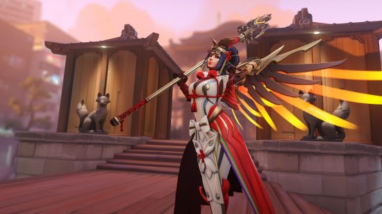 Mercy with her Overwatch 2 weapon, a long staff, over her shoulder, with large red and gold wings and a white outfit.