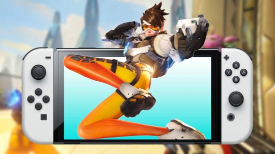 Overwatch codes: key art shows the character Tracer appearing to leap out of a Switch OLED