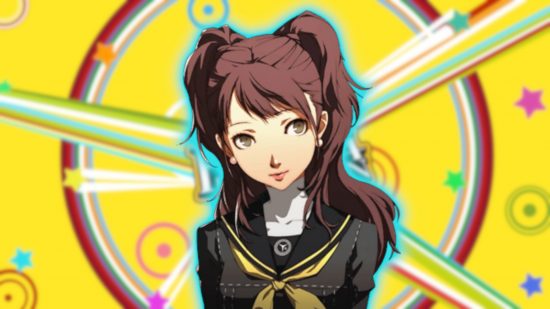 Persona 4 Rise: Rise's head and shoulders in her school uniform outlined in teal on the iconic Persona 4 Golden yellow background.