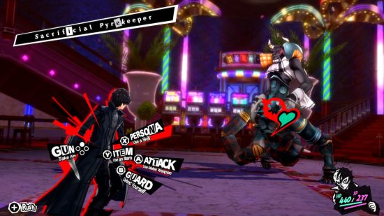 Persona 5 Switch review - combat screenshot, showing the protagonist against a large beast