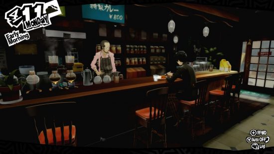 Persona 5 Switch review - the protagonist eating curry with Sojiro in Cafe Leblanc
