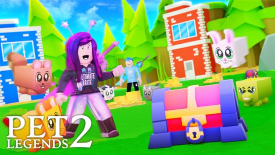 Key art for Pet Legends 2 with Roblox characters on screen looking at a chest with their pets for Pet Legends 2 codes guide 
