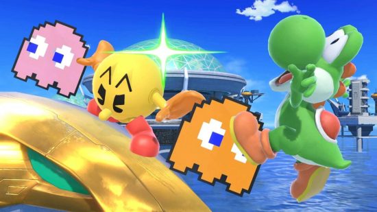 Play Pac-Man: Pac-Man launches a sideways attack with ghosts, hitting Yoshi