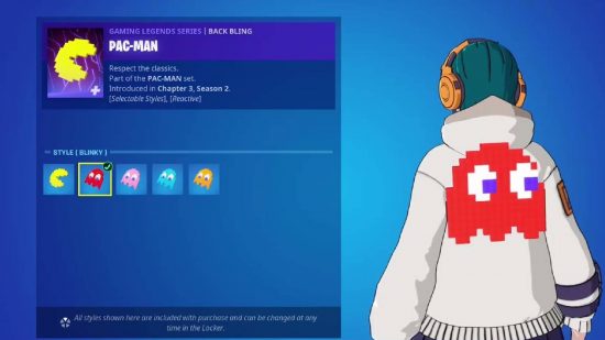 Play Pac-Man: A Fortnite screenshot shows an avatar with a back bling based on Pac-Man